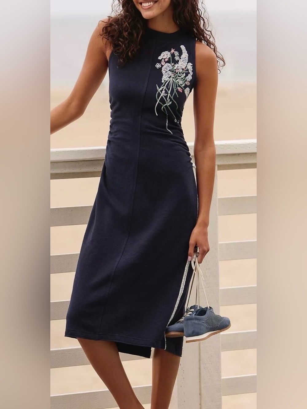 Daily Practice Sports Start Sleeveless Midi Dress XS Navy Embroidered Floral